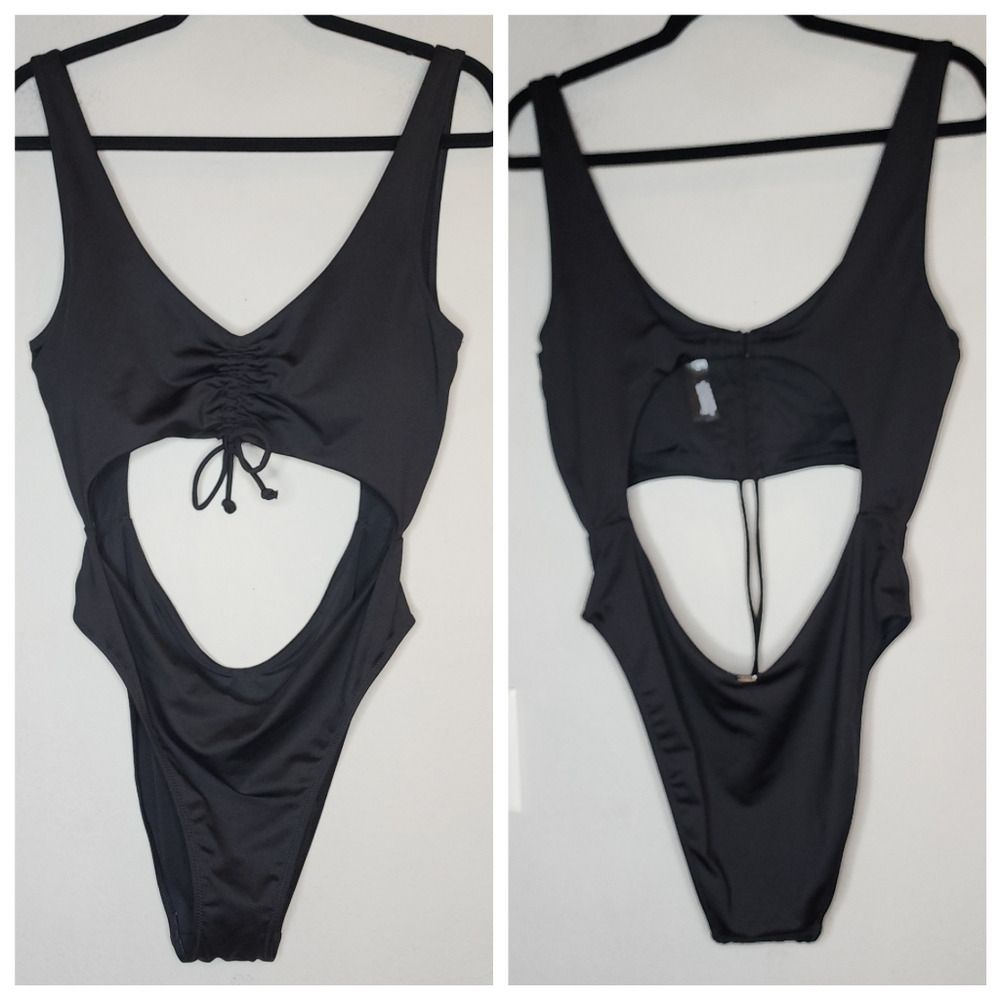 PINK Victoria's Secret Ruched Front Cutout One Piece‎ Swimsuit Black XL New - Picture 5 of 15